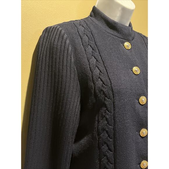 Vtg St John 2pc Skirt Suit Navy Braided Knit, Gold Button Front Jacket Size 0/2 - Picture 3 of 16